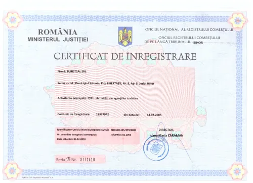 Certificat de inregistrare Turistsal SRL